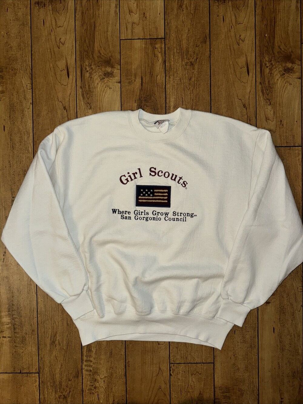 Vintage Girl Scouts Crewneck Sweatshirt White Large 22x26 America Flag USA 90s